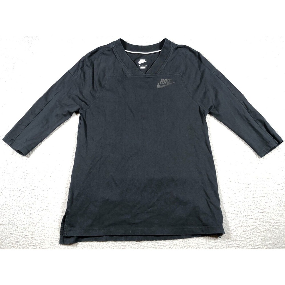 Nike Just Do It Womens Small Black 3/4 Sleeve V Neck Jersey Top Spellout Logo